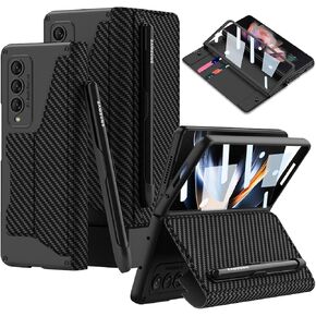 DEMCERT for Samsung Galaxy Z Fold 3 5G with S Pen Slot,Military Armor Cases Full Body Protective Anti-Scratch Hard Slim Leather Bracket Case with Screen Protector for Galaxy Z Fold 3 5G (Black)