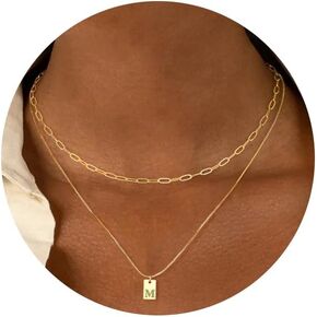THUNARAZ 14K Gold Plated Initial Necklaces for Women Girls Layered Necklaces Personalized A-Z Letter Tag Pendant Necklace Paperclip Chain Choker Dainty Necklace Trendy Jewelry Gift 2Pcs