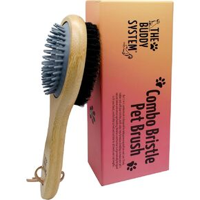 The Buddy System Combo Bristle Pet Brush, 2-in-1 Brush, Durable Rubber Side and Soft Boar Bristle Side - All Pets and Coat Lengths - Top Coat Massage for Cats & Dogs - 1 pack