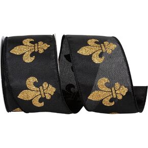 Reliant Ribbon Fleur De Lis Jumbo Glitter Satin Wired Edge Ribbon, Black/Gold