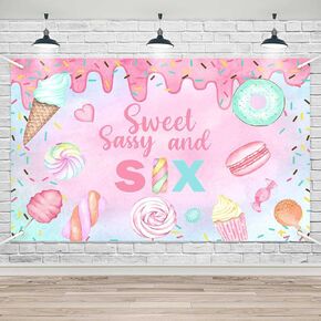 Lofaris Donut 6th Birthday Banner Backdrop Sweet Sassy and Six Birthday Decorations Candy Girls Six Years 0ld Birthday Decor Ice Cream Photography Background 70.8x43.3inch