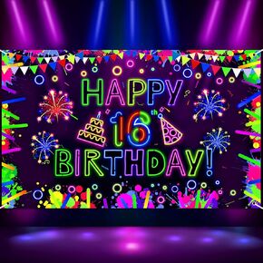 Neon Birthday Party Decorations Neon Happy 13th Birthday Banner Backdrop Glow in The Dark Party Decorations with UV Black Light Reactive for Let Glow Neon Birthday Blacklight Halloween Party Supplies