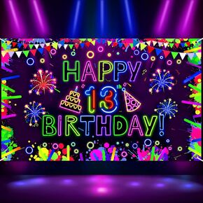 Neon Birthday Party Decorations Neon Happy 13th Birthday Banner Backdrop Glow in The Dark Party Decorations with UV Black Light Reactive for Let Glow Neon Birthday Blacklight Halloween Party Supplies in Kuwait