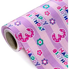 WRAPAHOLIC 1st Birthday Wrapping Paper - Mini Roll - 17 Inch x 33 Feet - Pink Happy Birthday with Floral Design for Birthday, Party, Holiday