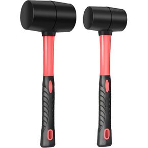 Fiberglass Handle Rubber Mallet Hammer Set, 8 OZ and 16 OZ, Soft Blow Tasks without Damage, Black with Red, 2 Packs