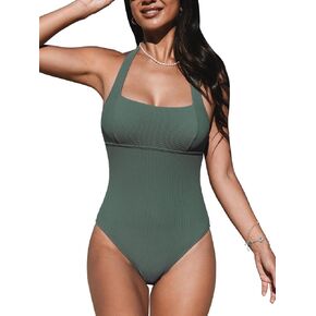 CUPSHE Women's One Piece Swimsuit Bathing Suit Square Neck Halter Self Tie Textured Ribbed Swimwear