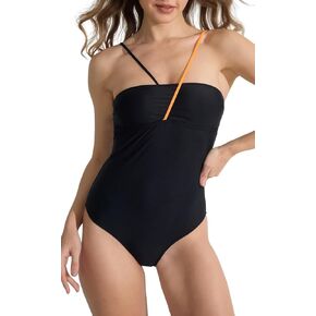 Women Tummy Control One Piece Swimsuit Halter Adjustable Strap Ruched&Frill Contrast Color High Waist Bathing Suit