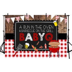 MEHOFOND 7x5ft BBQ Theme Party Backdrop Rustic Wooden Board White and Red Lattice Background Barbecue Baby Shower Party Banner Decor Photography Booth Props