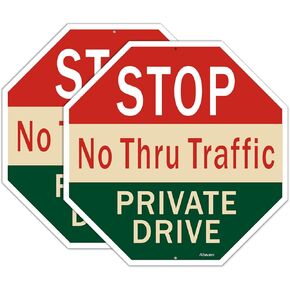 Stop No Thru Traffic Private Drive Sign 12" x 12" Private Driveway Sign Metal Reflective No Thru Traffic Sign Rust Free Aluminum Stop Sign UV Protected Waterproof Outdoor Use 2 Pack