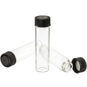 SE Glass Vials, Pack of 144 Leak-Resistant Vials, 2-3/8" x 5/8" Diameter, Clear Transparent glass, Black Plastic Screw Caps, Capacity 7 mL