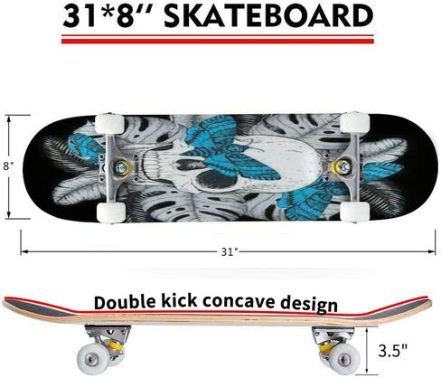 لوح تزلج كلاسيكي مقعر على شكل جمجمة وأوراق النخيل والفراشات مرسومة باليد وشم طويل على شكل خشب القيقب للرياضات المتطرفة وفي الهواء الطلق خدعة ركلة مزدوجة للمبتدئين والمحترفين in Kuwait
