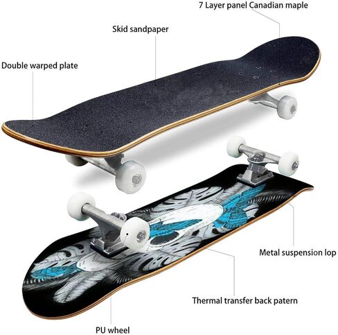 لوح تزلج كلاسيكي مقعر على شكل جمجمة وأوراق النخيل والفراشات مرسومة باليد وشم طويل على شكل خشب القيقب للرياضات المتطرفة وفي الهواء الطلق خدعة ركلة مزدوجة للمبتدئين والمحترفين in Kuwait