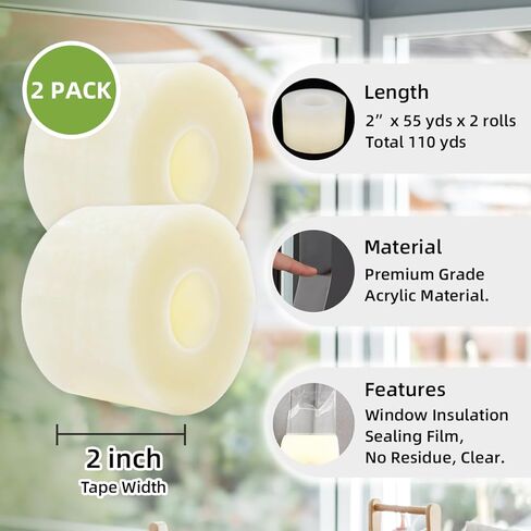 شريط إغلاق شفاف للطقس للنافذة، 2 بوصة × 55 ياردة (عبوتان إجمالي 110 ياردة)، شريط عازل شفاف للنافذة لفصل الشتاء، لا تتم إزالة أي بقايا بشكل نظيف in Kuwait