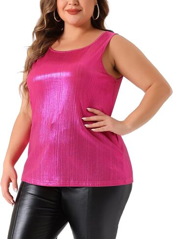 Agnes Orinda Plus Size Tops for Women Shiny Metallic Tank Top Shirt Round Neck Sleeveless Party Tee Blouse in Saudi Arabia