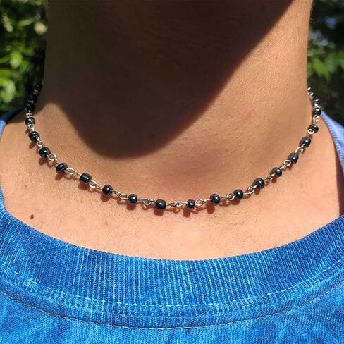 عقد أنيق من الخرز وقلادة سلسلة مصنوعة يدويًا مجوهرات للنساء والفتيات (فضي أسود) in Kuwait