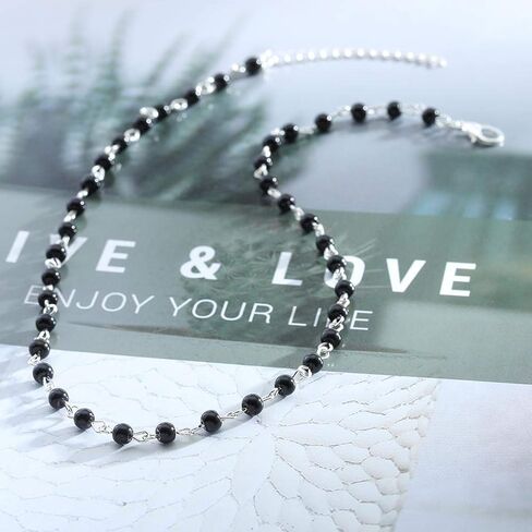 عقد أنيق من الخرز وقلادة سلسلة مصنوعة يدويًا مجوهرات للنساء والفتيات (فضي أسود) in Kuwait