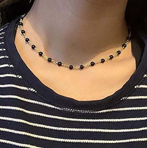 عقد أنيق من الخرز وقلادة سلسلة مصنوعة يدويًا مجوهرات للنساء والفتيات (فضي أسود) in Kuwait