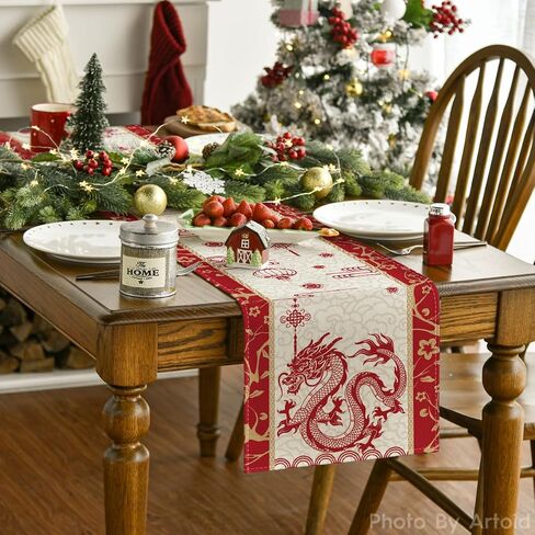 Artoid Mode Chinese Zodiac Dragon Lunar 2024 New Year Table Runner, Spring Festival Winter Kitchen Dining Table Decoration for Home Party 13x72 Inch in Saudi Arabia