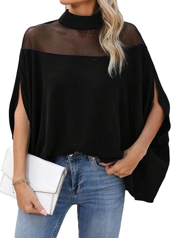 MakeMeChic Women's Short Cape Sleeve Mock Neck Contrast Mesh Loose Casual Blouse Shirts Tops in Saudi Arabia