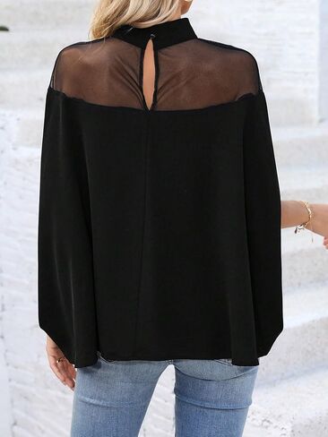MakeMeChic Women's Short Cape Sleeve Mock Neck Contrast Mesh Loose Casual Blouse Shirts Tops in Saudi Arabia