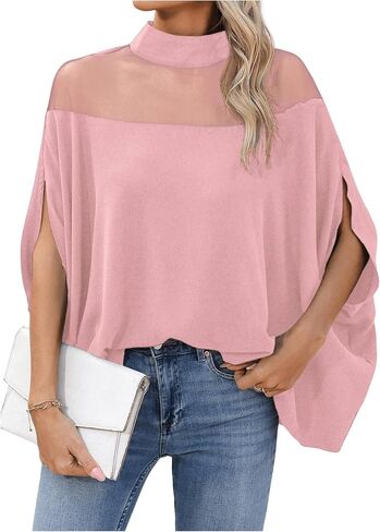 MakeMeChic Women's Short Cape Sleeve Mock Neck Contrast Mesh Loose Casual Blouse Shirts Tops in Saudi Arabia