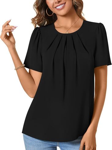ALIGADUO Womens Summer Basic Pleated Keyhole Back Crewneck Casual Trendy Blouse Shirts Tops in Saudi Arabia