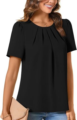 ALIGADUO Womens Summer Basic Pleated Keyhole Back Crewneck Casual Trendy Blouse Shirts Tops in Saudi Arabia