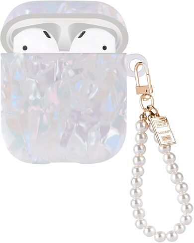 حافظة بتصميم غلاف لامع لسماعات AirPods 1/2 مع سلسلة مفاتيح من اللؤلؤ، غطاء جلدي واقٍ لطيف وجذاب للغاية لأجهزة Airpods الجيل الثاني من مادة TPU المقاومة للصدمات للنساء والفتيات - أبيض in Kuwait