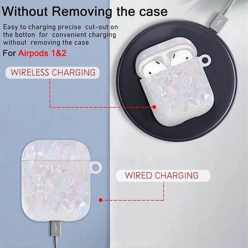 حافظة بتصميم غلاف لامع لسماعات AirPods 1/2 مع سلسلة مفاتيح من اللؤلؤ، غطاء جلدي واقٍ لطيف وجذاب للغاية لأجهزة Airpods الجيل الثاني من مادة TPU المقاومة للصدمات للنساء والفتيات - أبيض in Kuwait