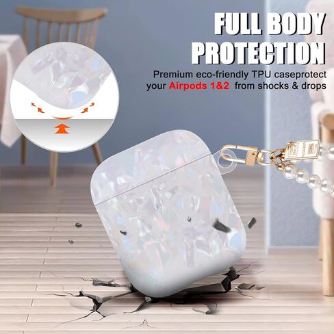 حافظة بتصميم غلاف لامع لسماعات AirPods 1/2 مع سلسلة مفاتيح من اللؤلؤ، غطاء جلدي واقٍ لطيف وجذاب للغاية لأجهزة Airpods الجيل الثاني من مادة TPU المقاومة للصدمات للنساء والفتيات - أبيض in Kuwait