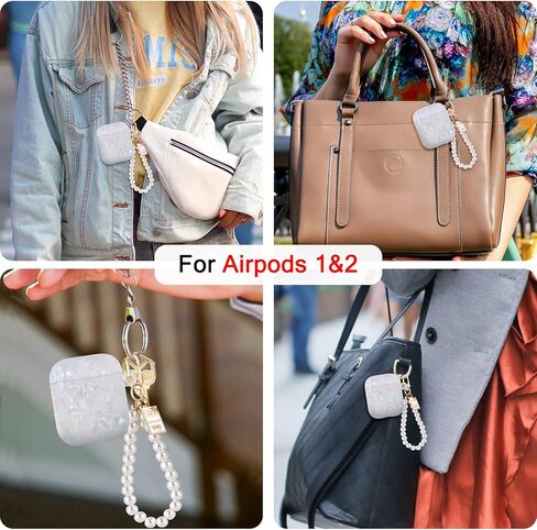 حافظة بتصميم غلاف لامع لسماعات AirPods 1/2 مع سلسلة مفاتيح من اللؤلؤ، غطاء جلدي واقٍ لطيف وجذاب للغاية لأجهزة Airpods الجيل الثاني من مادة TPU المقاومة للصدمات للنساء والفتيات - أبيض in Kuwait