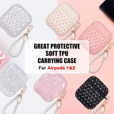 حافظة بتصميم غلاف لامع لسماعات AirPods 1/2 مع سلسلة مفاتيح من اللؤلؤ، غطاء جلدي واقٍ لطيف وجذاب للغاية لأجهزة Airpods الجيل الثاني من مادة TPU المقاومة للصدمات للنساء والفتيات - أبيض in Kuwait