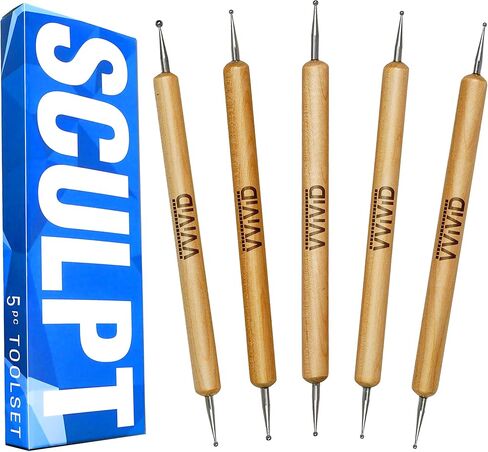 VViViD Sculpt Double Ended 5-Piece Metal Ball Stylus & Wooden Handle Pottery & Clay Sculpting Hand Tool Kit in Saudi Arabia