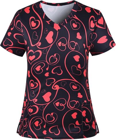Valentines Day Scrub Tops Women Short Sleeve Vneck Love Heart Printed Nurse Working Uniforms Holiday Pocketed Tshirt in Kuwait