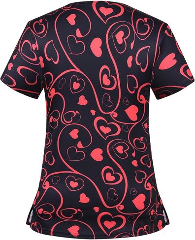 Valentines Day Scrub Tops Women Short Sleeve Vneck Love Heart Printed Nurse Working Uniforms Holiday Pocketed Tshirt in Kuwait