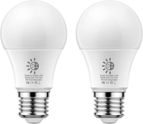 مصابيح الإضاءة من الغسق إلى الفجر في الهواء الطلق، لمبة إضاءة بمستشعر A19 LED، 9 وات (ما يعادل 60 وات)، خلية ضوئية تشغيل/إيقاف تلقائية، ضوء النهار الأبيض 5000 كلفن، قاعدة E26 للإضاءة الخارجية، عبوتان in Kuwait