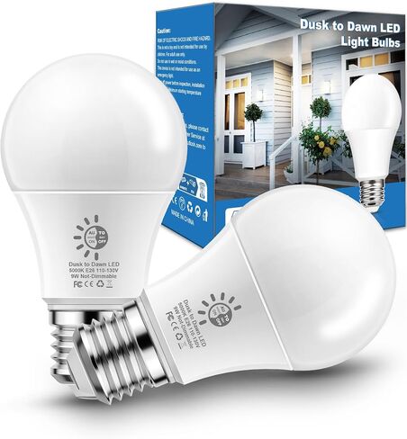 مصابيح الإضاءة من الغسق إلى الفجر في الهواء الطلق، لمبة إضاءة بمستشعر A19 LED، 9 وات (ما يعادل 60 وات)، خلية ضوئية تشغيل/إيقاف تلقائية، ضوء النهار الأبيض 5000 كلفن، قاعدة E26 للإضاءة الخارجية، عبوتان in Kuwait