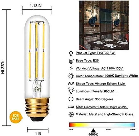 مصابيح T10 LED ضوء النهار الأبيض 4000K LED لمبات إضاءة إديسون أنبوبية 6 وات لمبات أنبوبية قابلة للتعتيم 60 وات مكافئة، لمبة المصباح الأساسية E26 لخزانة عرض الخزانة وما إلى ذلك، 6 عبوات. مصابيح نهاية، حزمة من 6 in Kuwait