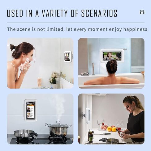 حامل هاتف دش مقاوم للماء يدور 480 درجة، جراب هاتف خلوي قابل للمس على الحائط ومضاد للضباب وحساسية عالية صندوق حمام لهاتف iPhone 15 14 13 12 11 Plus Pro Max XS XR حتى 6.8 بوصة in Kuwait