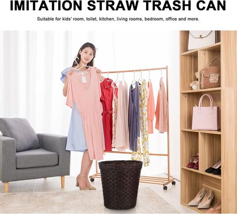 SOLUSTRE Imitation Straw Trash Can Plastic Storage Tubs Plastic Garbage Can with Lid Stainless Steel Containers Wicker Basket 4 Gallon Trash Can Wicker Garbage Basket Storage Supplies Paper in Saudi Arabia