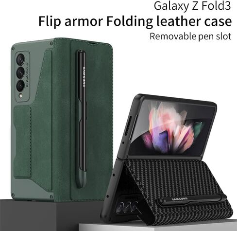 DEMCERT for Samsung Galaxy Z Fold 3 5G with S Pen Slot,Military Armor Cases Full Body Protective Anti-Scratch Hard Slim Leather Bracket Case with Screen Protector for Galaxy Z Fold 3 5G (Black) in Kuwait