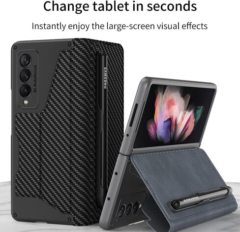 DEMCERT for Samsung Galaxy Z Fold 3 5G with S Pen Slot,Military Armor Cases Full Body Protective Anti-Scratch Hard Slim Leather Bracket Case with Screen Protector for Galaxy Z Fold 3 5G (Black) in Kuwait