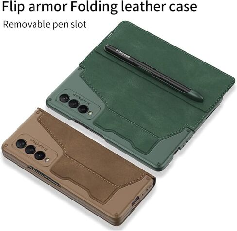 DEMCERT for Samsung Galaxy Z Fold 3 5G with S Pen Slot,Military Armor Cases Full Body Protective Anti-Scratch Hard Slim Leather Bracket Case with Screen Protector for Galaxy Z Fold 3 5G (Black) in Kuwait