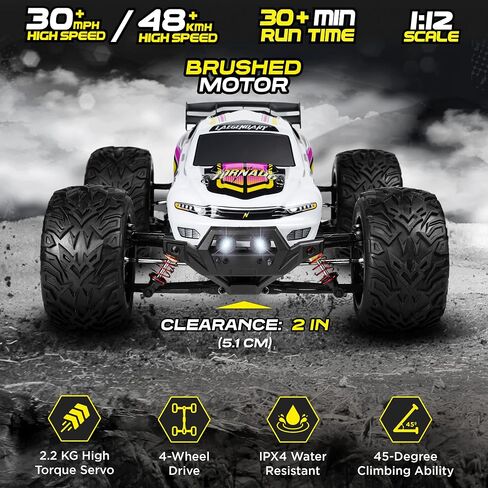 LAEGENDARY 1:12 Scale Large RC Cars 48+ kmh Speed - Remote Control Car 4x4 Off Road Monster Truck Electric - All Terrain Waterproof Trucks for Adults - 2 Batteries + Connector for 30+ Min Play in Saudi Arabia