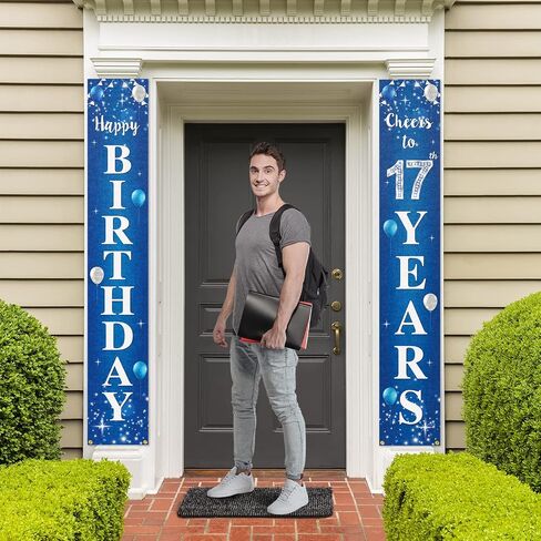 Happy 17th Birthday Yard Sign Door Banner - Cheers to 17 Years Birthday Party Decorations Supplies for Men Women - Blue in Saudi Arabia