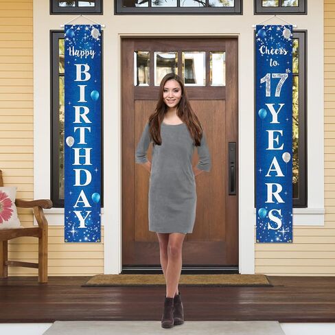 Happy 17th Birthday Yard Sign Door Banner - Cheers to 17 Years Birthday Party Decorations Supplies for Men Women - Blue in Saudi Arabia