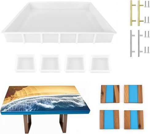 قوالب سيليكون كبيرة مستطيلة الشكل من الراتنج مقاس 16 × 12 بوصة من راتنجات الإيبوكسي لطاولة القهوة النهرية، وألواح التقطيع، وصواني التقديم، وطبق الجبن (مع 4 قطع من قوالب الأكواب العميقة ومقابضها) in Kuwait