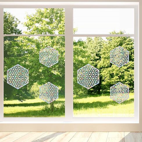 6 قطع من ملصقات النوافذ على شكل زهرة الحياة لضربات الطيور - ملصقات نافذة مضادة للتصادمات لإنقاذ الطيور من اصطدامات النوافذ، ملصقات نافذة منشورية غير لاصقة، ملصقات لالتقاط أشعة الشمس بألوان قوس قزح in Kuwait