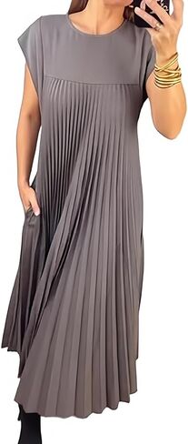Womens Summer Cap Short Sleeve Maxi Dress 2024 Pleated Casual Loose Long Dresses with Pockets in Saudi Arabia