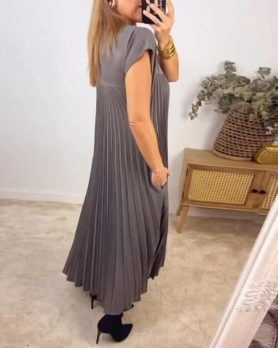 Womens Summer Cap Short Sleeve Maxi Dress 2024 Pleated Casual Loose Long Dresses with Pockets in Saudi Arabia